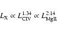 \begin{eqnarray*}L_{\rm X} \propto L_{{\rm CIV}}^{1.34} \propto L_{{\rm MgII}}^{2.14}
\end{eqnarray*}