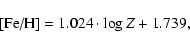 \begin{displaymath}\textrm{[Fe/H]} = 1.024 \cdot \log Z + 1.739,
\end{displaymath}