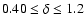 $0.40 \le \delta \le 1.2$