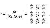 \begin{displaymath}J = \left \vert \frac{\partial {\vec r} }{\partial (l,\Theta,...
...\frac{\partial z}{\partial \psi} \end{array} \right \vert \; ,
\end{displaymath}
