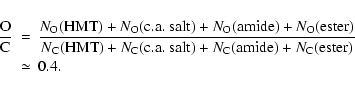 \begin{eqnarray*}\frac{\rm O}{\rm C}&=& \frac{ {N}_{\rm O}{\rm (HMT)} + {N}_{\rm...
...m C}{\rm (amide)} + {N}_{\rm C}{\rm (ester)} } \\
&\simeq& 0.4.
\end{eqnarray*}