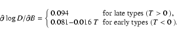 \begin{displaymath}\partial \log D / \partial B =
\left \lbrace
\begin{array}{l...
....016~T & \mbox{for early types ($T < 0$ )}.
\end{array}\right.
\end{displaymath}