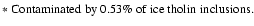 $\textstyle \parbox{11cm}{
{\footnotesize $*$\space Contaminated by 0.53\% of ice tholin inclusions.}}$