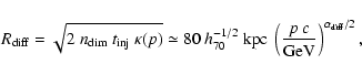 \begin{displaymath}
R_{\rm diff} = \sqrt{2~ n_{\rm dim}~ t_{\rm inj}~ \kappa(p)...
...~
\left(\frac{p~c}{\mbox{GeV}}\right)^{\alpha_{\rm diff}/2},
\end{displaymath}