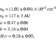 \begin{eqnarray*}&&n_0 = (1.02\pm0.04)\times 10^{-5}~{\rm cm}^{-3} \\
&&r_0 = 1...
...&&a = 0.47\pm0.06 \\
&&b = 3.16\pm0.04 \\
&&H/r = 0.28\pm0.05,
\end{eqnarray*}