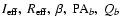 $I_{\rm eff}, \: R_{\rm eff}, \: \beta, \: {\rm PA}_b, \: Q_{b}$