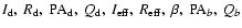 $I_{\rm d}, \: R_{\rm d}, \: {\rm PA}_{\rm d}, \: Q_{\rm d}, \: I_{\rm eff}, \: R_{\rm eff}, \: \beta, \: {\rm PA}_b, \: Q_{b}$