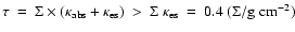 $\tau ~ = ~ \Sigma \times (\kappa_{\rm abs} + \kappa_{\rm es})
~ > ~ \Sigma ~ \kappa_{\rm es} ~ = ~
0.4 ~ (\Sigma / {\rm g ~ cm^{-2}})$