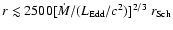 $r \lesssim 2500 [{\dot{M}}/({L_{\rm Edd}/c^2})]^{2/3}~r_{\rm Sch}$