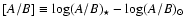 $[A/B]\equiv\log(A/B)_\star-\log(A/B)_\odot$