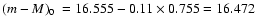 $\mbox{$(m-M)_0$ }= 16.555 -
0.11\times0.755 = 16.472$
