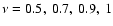 $\nu =
0.5,~0.7,~0.9,~1$