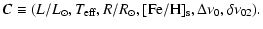 $\displaystyle \vec{C} \equiv (L/L_{\odot},T_{{\rm eff}},R/R_{\odot},
[{\rm Fe/H}]_{{\rm s}},\Delta \nu_0,\delta \nu_{02}) .$