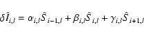 \begin{displaymath}\delta\hat I_{i,l}= \alpha_{i,l}\hat S_{i-1,l}+ \beta_{i,l}\hat S_{i,l}+ \gamma_{i,l}\hat S_{i+1,l}
\end{displaymath}