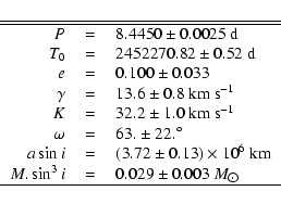 \begin{displaymath}\begin{tabular}{rcl}
\hline\hline
$P$ & = & $8.4450 \pm 0.002...
...$0.029 \pm 0.003$~$M_{\hbox{$\odot$}}$ \\
\hline
\end{tabular}\end{displaymath}