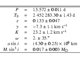 \begin{displaymath}\begin{tabular}{rcl}
\hline\hline
$P$ & = & $13.572 \pm 0.011...
...$0.017 \pm 0.003$~$M_{\hbox{$\odot$}}$ \\
\hline
\end{tabular}\end{displaymath}