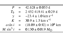 \begin{displaymath}\begin{tabular}{rcl}
\hline\hline
$P$ & = & $42.628 \pm 0.053...
...$0.130 \pm 0.019$~$M_{\hbox{$\odot$}}$ \\
\hline
\end{tabular}\end{displaymath}
