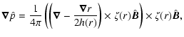 $\displaystyle \vec{\nabla}\hat{p}={1\over4\pi}\left(\left(\vec{\nabla}-{\vec{\n...
... 2h(r)}\right)
\times \zeta(r)\hat{\vec{B}}\right)\times \zeta(r)\hat{\vec{B}},$