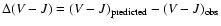 $\Delta(V-J)=(V-J)_{\rm predicted}-(V-J)_{\rm obs}$