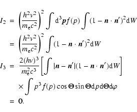 \begin{eqnarray*}I_2&=&\left(\frac{h^2\nu^2}{m_{\rm e}c^2}\right)^2\int {\rm d}^...
...Theta\sin\Theta
{\rm d}p {\rm d}\Theta {\rm d}\varphi\\
&=& 0.
\end{eqnarray*}