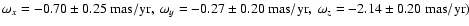 $\omega_x=-0.70\pm0.25~{\rm mas/yr},~\omega_y=-0.27\pm0.20~{\rm mas/yr},~\omega_z=-2.14\pm0.20~{\rm mas/yr})$