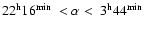 $22^{\rm h}16^{\rm min}~ <\alpha < ~ 3^{\rm h}44^{\rm min}$
