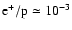 $\rm e^+/p \simeq 10^{-3}$