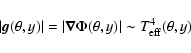 \begin{displaymath}\vert\vec{g}(\theta,y)\vert = \vert\vec{\nabla}\Phi (\theta,y)\vert \sim T_{\rm eff}^4(\theta,y)
\end{displaymath}