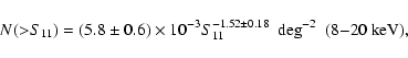 \begin{displaymath}N({>}S_{11})=(5.8\pm0.6)\times 10^{-3} S_{11}^{-1.52\pm0.18}
~~{\rm deg}^{-2}~~{\rm (8{-}20~keV)},
\end{displaymath}
