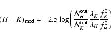 \begin{displaymath}%
(H - K)_{{\rm mod}} = -2.5\log\left(\frac{\mathcal{N}^{{\rm...
...ac{\lambda_{K}}{\lambda_{H}}\frac{f_{K}^{0}}{f_{H}^{0}}\right)
\end{displaymath}