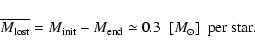 \begin{displaymath}\overline{M_{\rm lost}} = M_{\rm init} - M_{\rm end} \simeq 0.3 \ \
[M_{\odot}] \ \ {\rm per \ star}.
\end{displaymath}