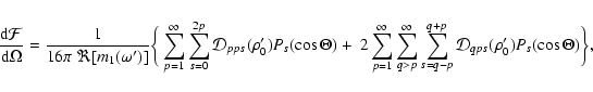 \begin{displaymath}
{{\rm d} {\cal F}\over {\rm d} \Omega} = \frac{1}{16 \pi~\Re...
...p}^{q+p}
{\cal D}_{qps}(\rho_0^\prime)P_s(\cos \Theta)\bigg\},
\end{displaymath}
