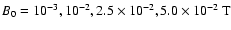 $B_0 = 10^{-3}, 10^{-2}, 2.5 \times 10^{-2}, 5.0 \times 10^{-2}\:\mbox{T}$