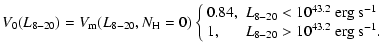 $\displaystyle %
V_0(L_{8-20}) =V_{{\rm m}}(L_{8-20},N_{{\rm H}}=0)
\left\{
\beg...
...m s}^{-1}\\
1, & L_{8-20}>10^{43.2}~{\rm erg}~{\rm s}^{-1}.
\end{array}\right.$