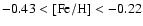 $\rm -0.43 < [Fe/H] < -0.22$