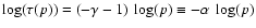$\log(\tau(p))=(-\gamma-1)~\log(p)
\equiv - \alpha~\log(p)$