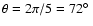 $\theta = 2\pi/5 =
72\mbox{$^\circ$ }$