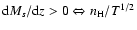 ${\rm d} M_s/{\rm d}z > 0
\Leftrightarrow n_{\rm H}/T^{1/2}$