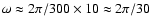 $\omega \approx 2 \pi / 300 \times 10 \approx 2 \pi /30 $