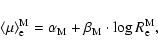 \begin{displaymath}{
\langle \mu \rangle^{\rm M}_{\rm e} = \alpha_{\rm M} + \beta_{\rm M} \cdot \log R^{\rm M}_{\rm e},
}
\end{displaymath}