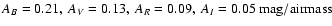 ${A_B=0.21, ~
A_V=0.13, ~ A_R=0.09, ~ A_I=0.05~\rm mag/airmass}$