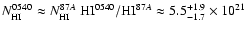 $N_{\rm HI}^{0540} \approx N_{\rm HI}^{87A}~
{\rm HI}^{0540}/{\rm HI}^{87A} \approx
5.5^{+1.9}_{-1.7} \times 10^{21}$