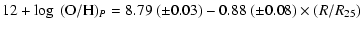 $\displaystyle 12+\log~({\rm O/H})_{P}
=
8.79~(\pm 0.03) - 0.88~(\pm 0.08) \times (R/R_{25})$