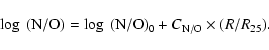 \begin{displaymath}\log~({\rm N/O}) = \log~({\rm N/O})_0 + C_{{\rm N/O}} \times (R/R_{25}) .
\end{displaymath}
