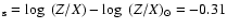 $_{\rm s}=\log~(Z/X)-\log~(Z/X)_{\odot}=-0.31$