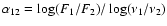 $\alpha_{12}=\log(F_{1}/F_{2})/\log(\nu_{1}/\nu_{2})$