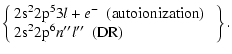 $\displaystyle \left \{
\begin{array}{ll}
{\rm 2s}^2 {\rm 2p}^5 3l + e^- \ \ ({\...
...{\rm 2p}^6 n^{\prime\prime}l^{\prime\prime} \ \ ({\rm DR})
\end{array}\right\}.$