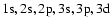 $1{\rm s},{\rm 2s},{\rm 2p},{\rm 3s},{\rm 3p},{\rm 3d}$
