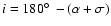 $i=180\hbox{$^\circ$ }-(\alpha+\sigma)$