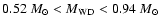 $0.52~M_\odot < M_{\rm WD} <
0.94~M_\odot$